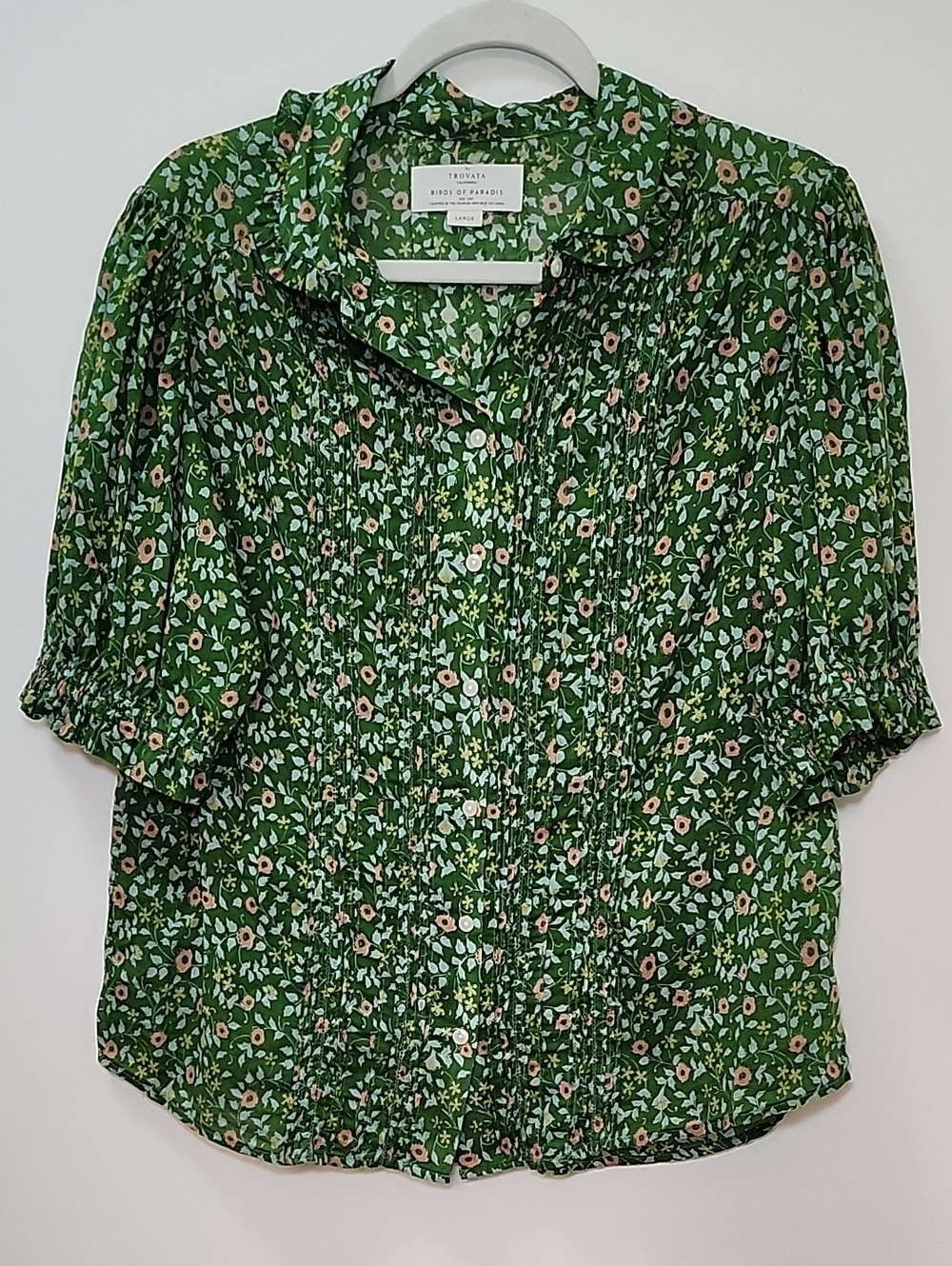 Anthropologie Trovata Romantic Green Floral Pintuck Button-Down Blouse Size L - Picture 2 of 16